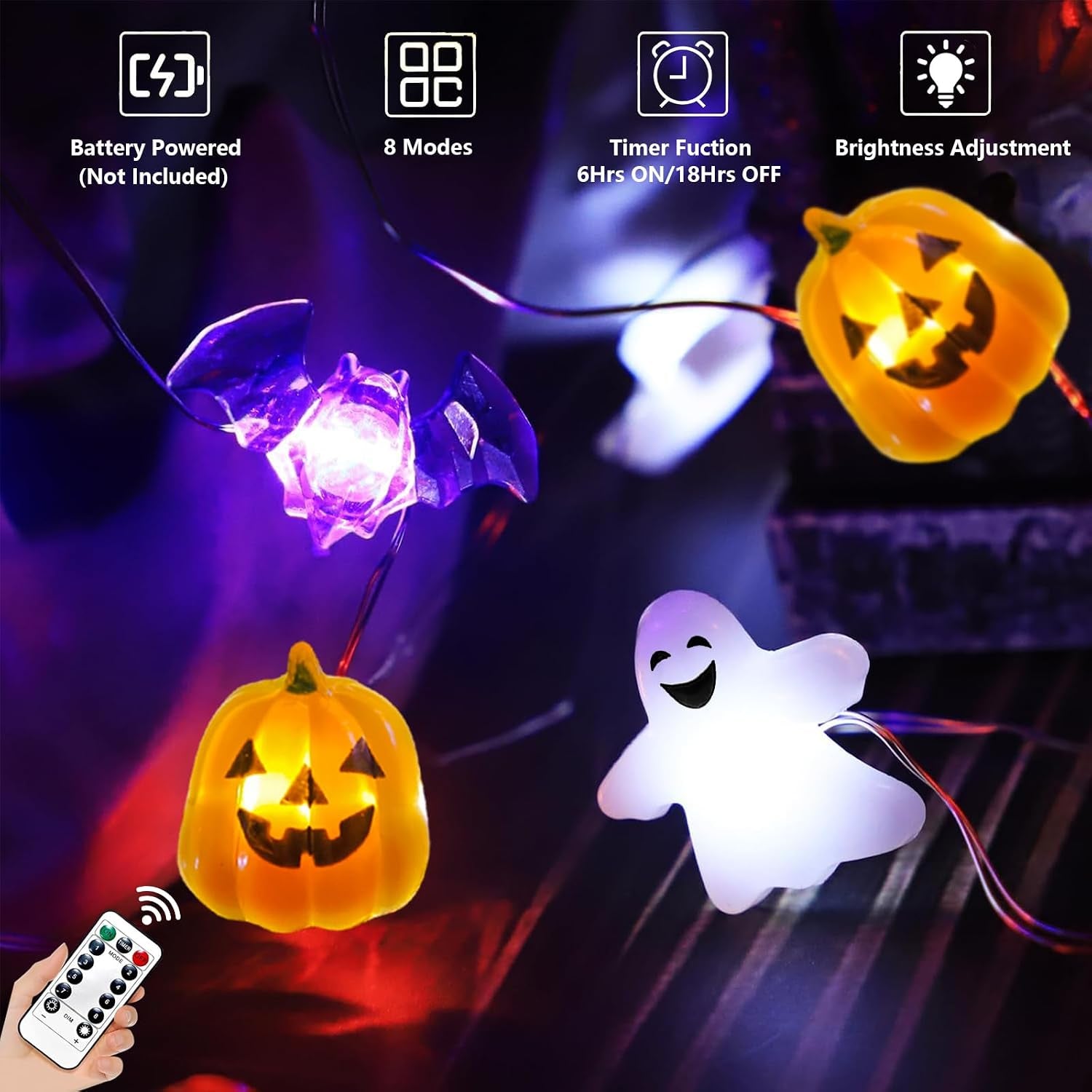 Halloween Lights Battery Operated 16.7Ft 50 LED 3D Pumpkin Bat Ghost Fairy Lights with Timer, Outdoor Waterproof Halloween Spooky Light for Indoor Outdoor Home Fireplace Party Decoration