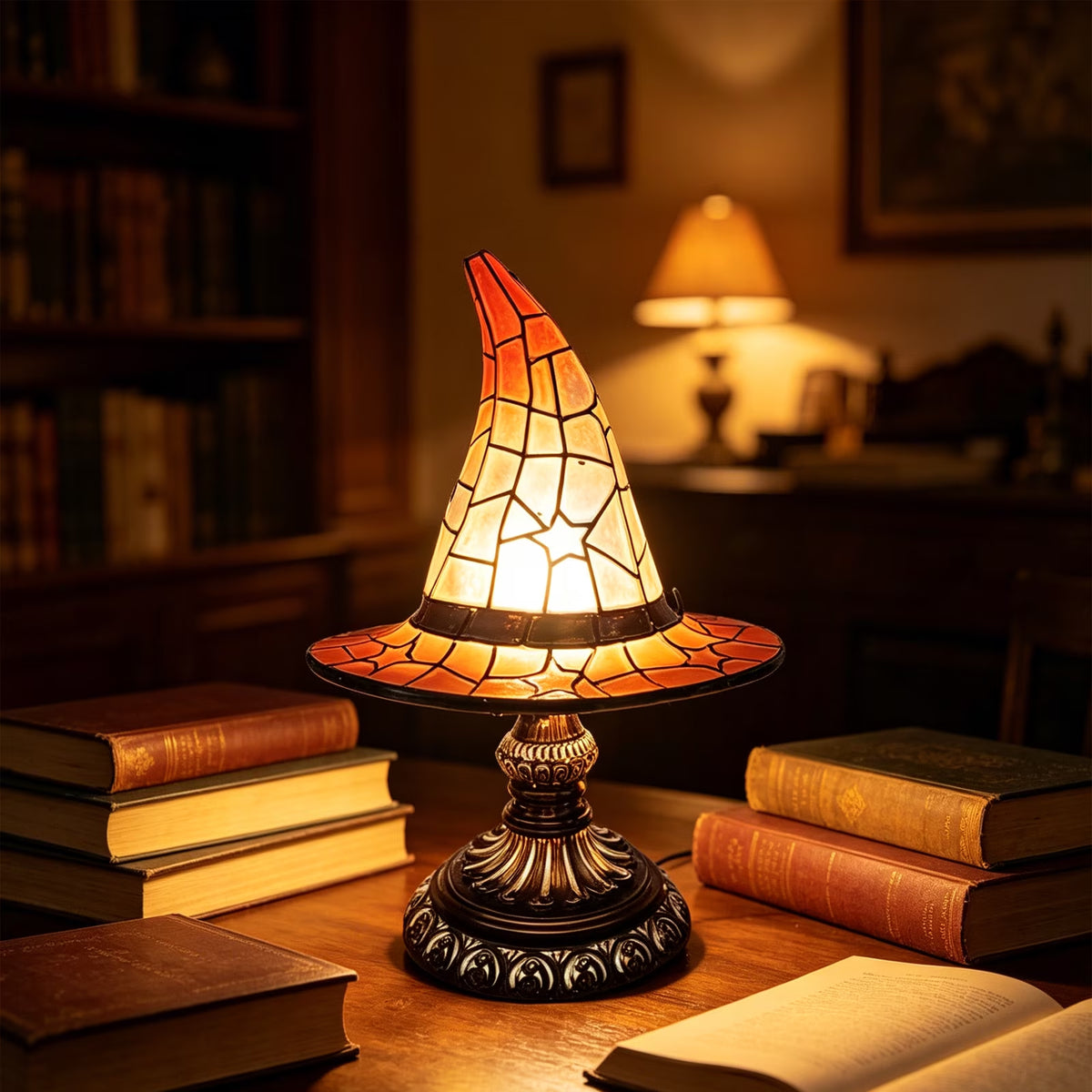 Stained Glass Witch Hat Lamp, Halloween Decoration Pink Purple Ghost Moon Small Tiffany Lamp, Gothic Indoor Halloween Table Decor Night Light - 11 Inch