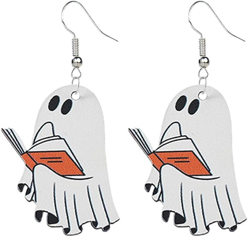 Halloween Drop Dangle Earrings for Women Lightweight Wooden Pumpkin Black Bat Halloween Earrings Cute Black Cat Ghost Earrings Halloweens Theme Gifts Party