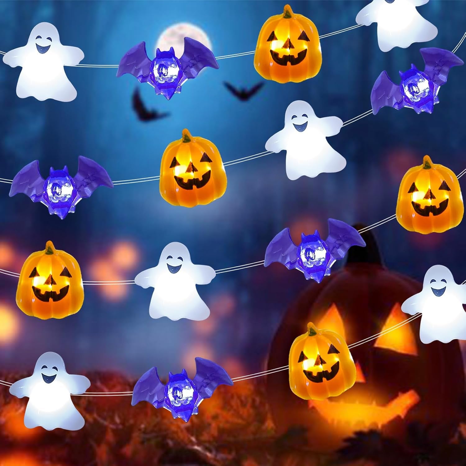 Halloween Lights Battery Operated 16.7Ft 50 LED 3D Pumpkin Bat Ghost Fairy Lights with Timer, Outdoor Waterproof Halloween Spooky Light for Indoor Outdoor Home Fireplace Party Decoration