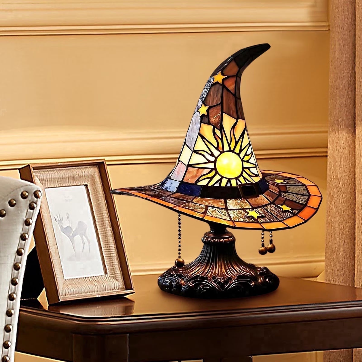 Halloween Witch Hat Table Lamp, Stained Glass Style Jack O Lantern Night Light Ghost Decor Skull Nightlight for Indoor Home Office Table Mantel Shelf Party Supply