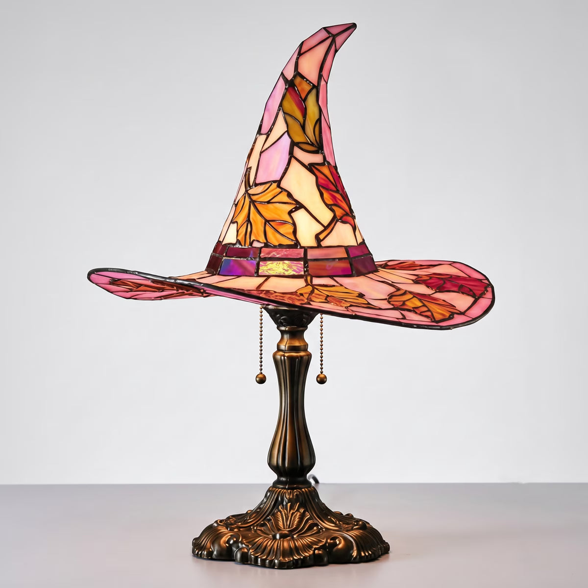 Stained Glass Witch Hat Lamp, Halloween Decoration Pink Purple Ghost Moon Small Tiffany Lamp, Gothic Indoor Halloween Table Decor Night Light - 11 Inch