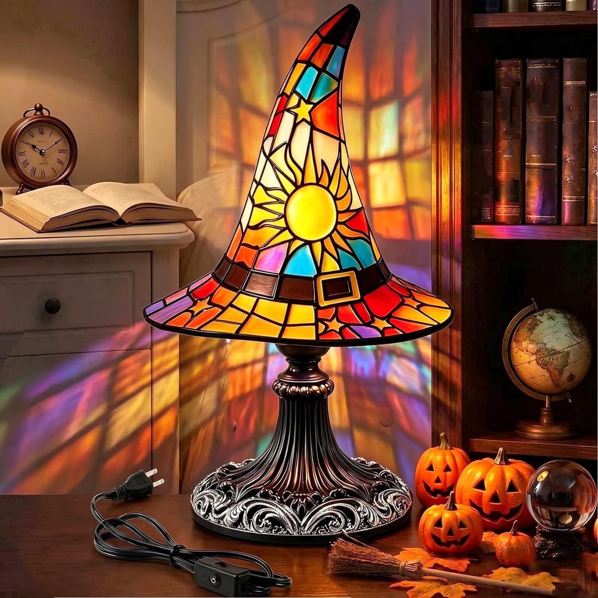 Halloween Witch Hat Table Lamp, Stained Glass Style Jack O Lantern Night Light Ghost Decor Skull Nightlight for Indoor Home Office Table Mantel Shelf Party Supply