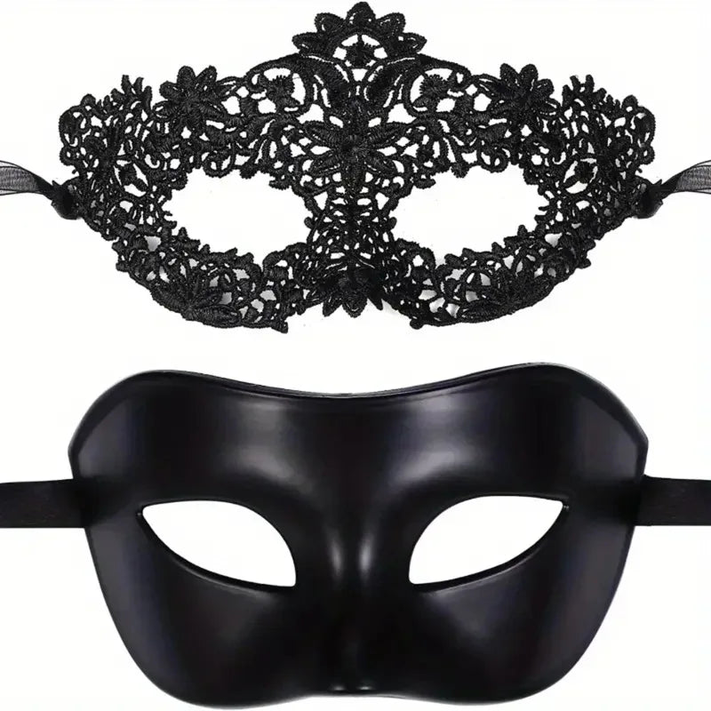 Black masquerade mask detail with intricate lace design