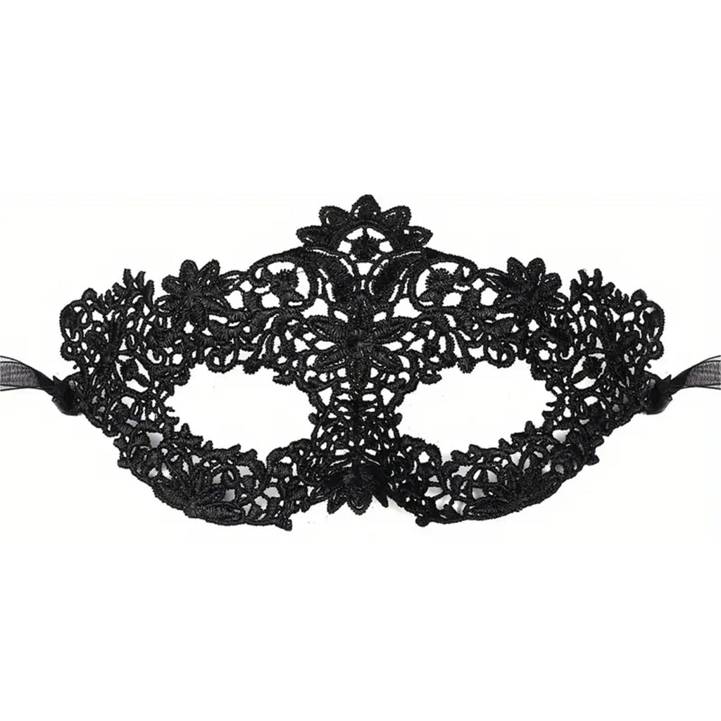 Black lace masquerade mask detail with floral pattern and eye cutouts