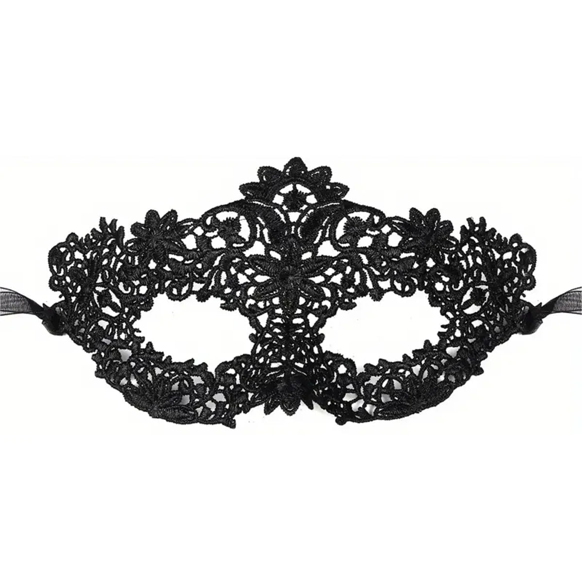 Black lace masquerade mask detail with floral pattern and eye cutouts