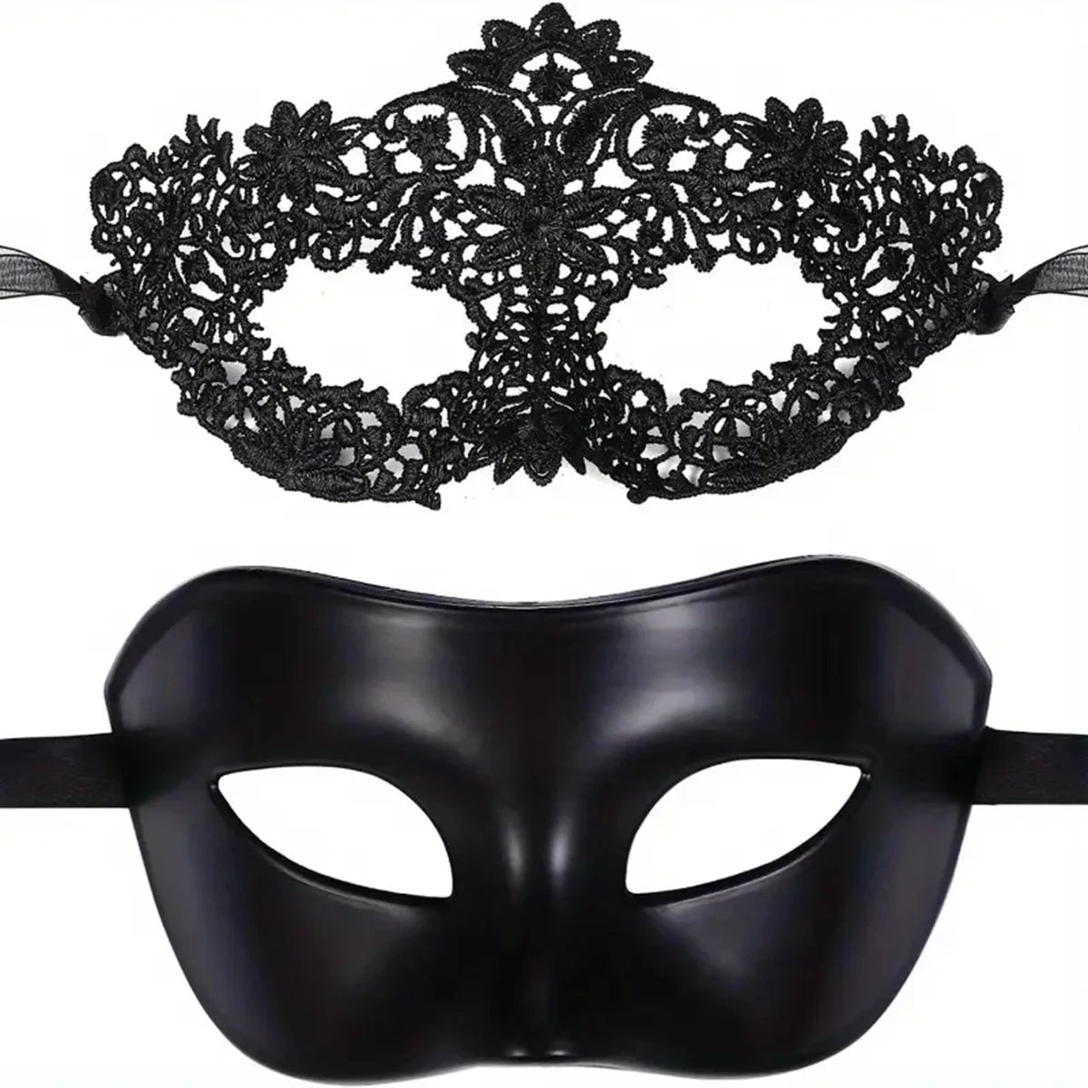 Black lace and plastic masks front view with eye cutouts