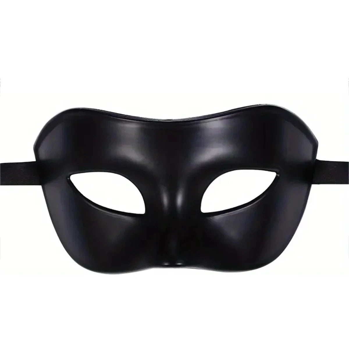 Black masquerade mask front view with eye cutouts and smooth finish