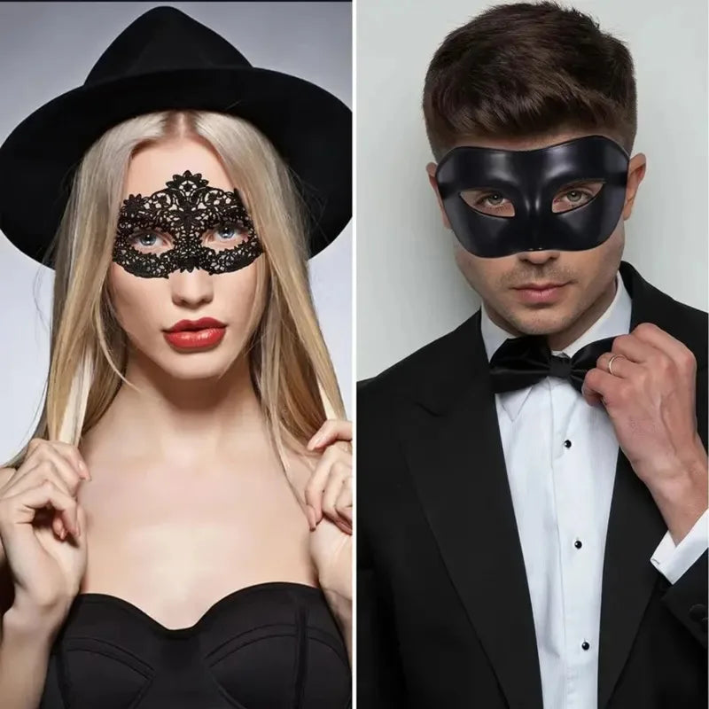 Black masquerade masks displayed in a decorative lifestyle setting