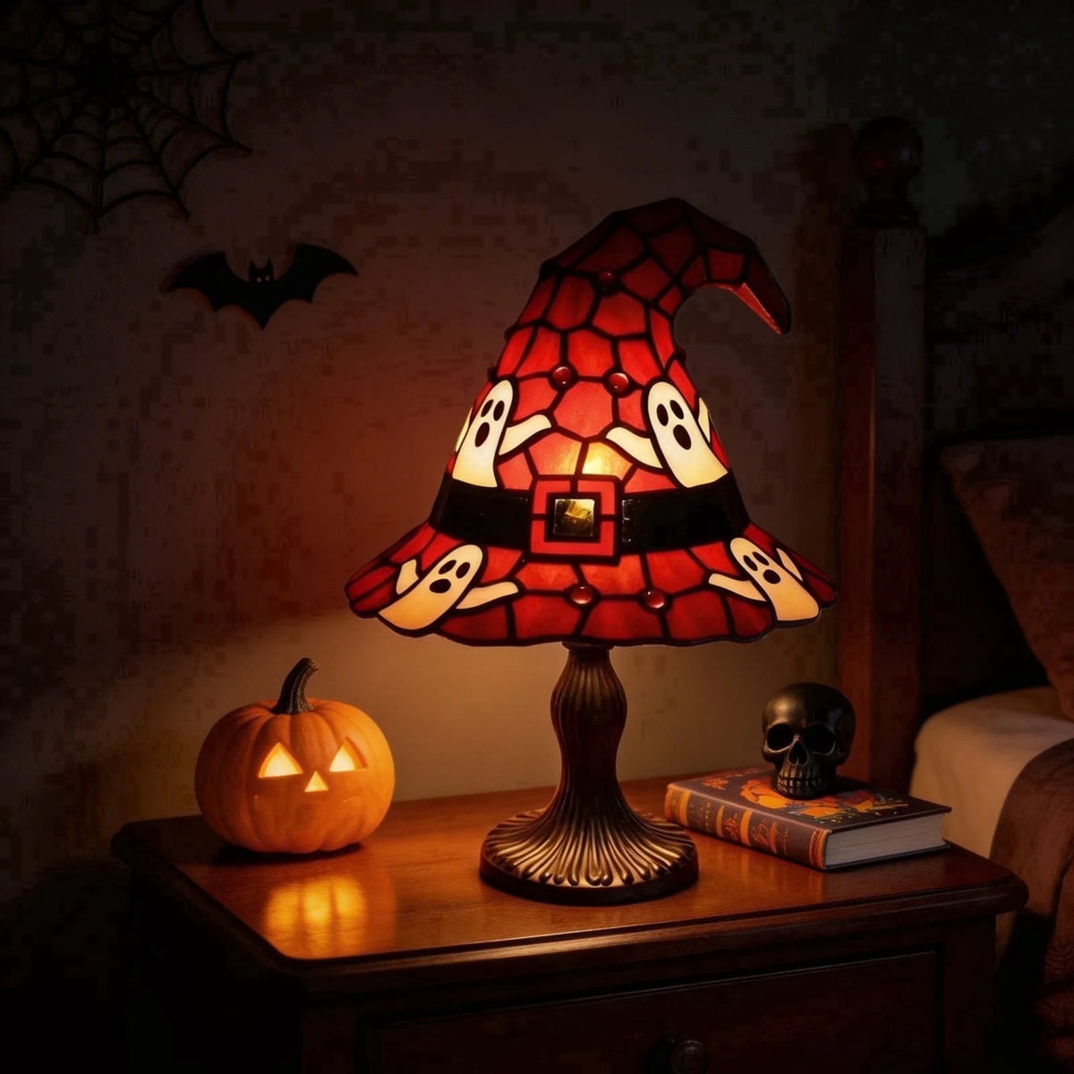 Halloween Witch Hat Table Lamp, Stained Glass Style Jack O Lantern Night Light Ghost Decor Skull Nightlight for Indoor Home Office Table Mantel Shelf Party Supply