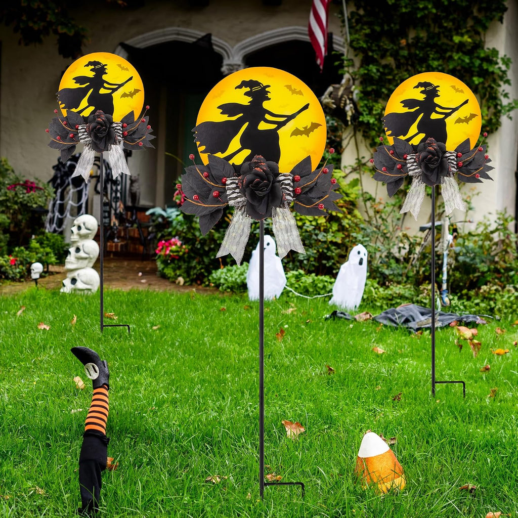 Solar Witch Halloween Stake 35In Iron Black Rose LED Garden Light