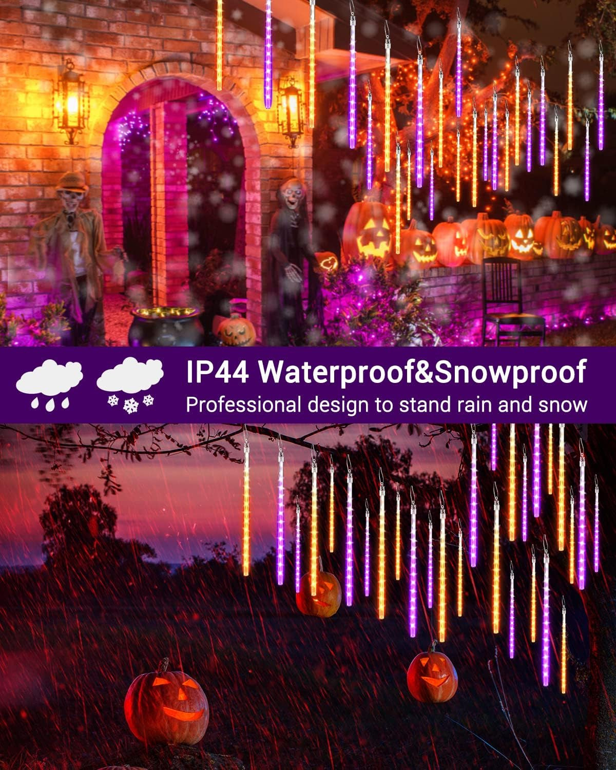 Halloween Lights 10 Tubes Orange Purple Meteor Shower Icicle Lights 240 LED