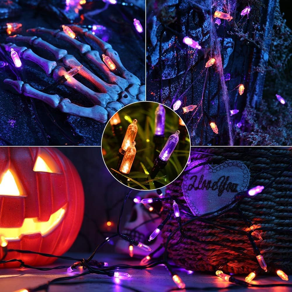 Orange Purple Halloween Lights Indoor, 2 Pack Total 66Ft 200 LED Battery Halloween Light with 8 Mode, Timer, Waterproof Battery Operated String Lights for Home Tree Wreaths Party Holiday Decor