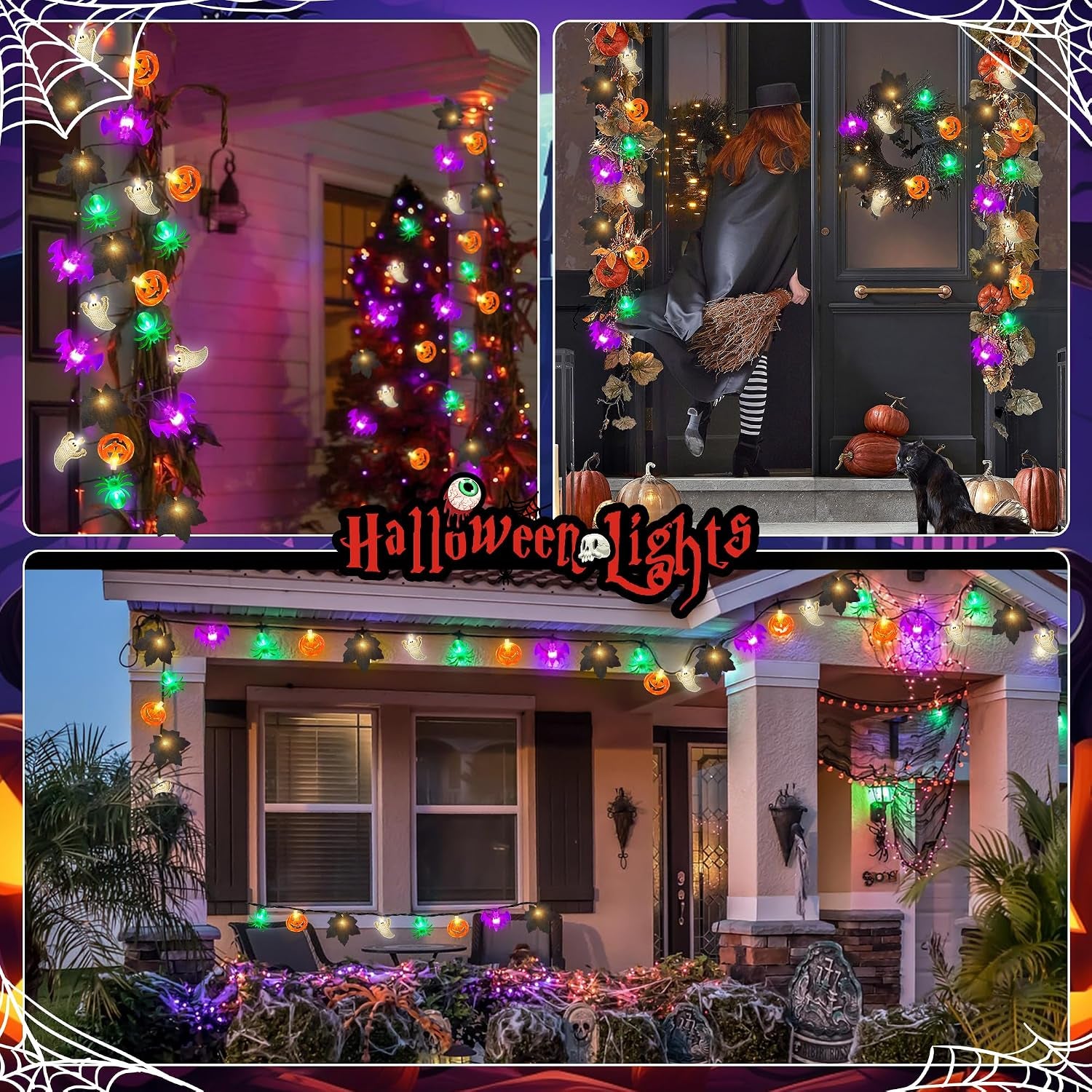 Solar Halloween Lights Outdoor 23.3Ft 40Leds Halloween Decorations Lights, 8 Modes Maple Leaf Pumpkin Ghost Spider Bat Light Solar Powered Halloweens String Light Outside