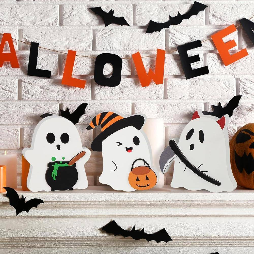 Wooden Tiered Tray Sign Set of 3, Black Cat Bat Witch Broom Pumpkin Blocks for Party Shelf Display