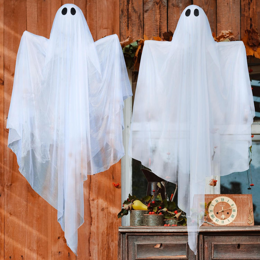 2 Pcs 47” Halloween Light up Hanging Ghost Decorations Outdoor, Halloween Flying Hanging Ghosts with Warm LED Lights and Timer for Haunted House Prop Front Yard Patio Party Decor Indoor Outdoor