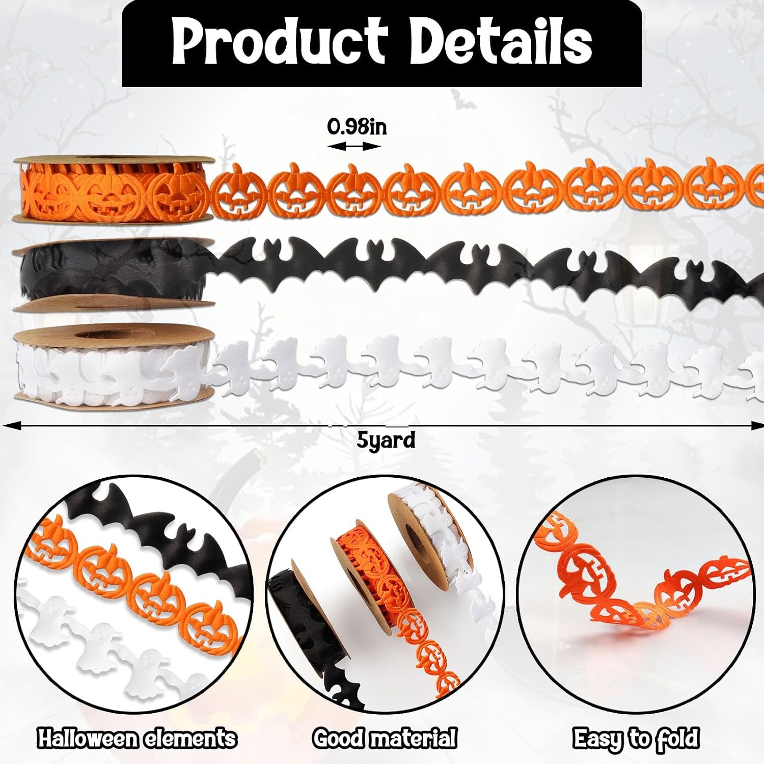 3 Rolls 15 Yards Halloween Ribbons, Black White Orange Halloween Ribbons Pumpkin Bat Ghost Shape Craft Ribbons Trim Embellishment for Gift Wrapping Halloween Party Decoration