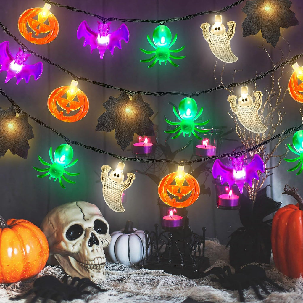Solar Halloween Lights Outdoor 23.3Ft 40Leds Halloween Decorations Lights, 8 Modes Maple Leaf Pumpkin Ghost Spider Bat Light Solar Powered Halloweens String Light Outside