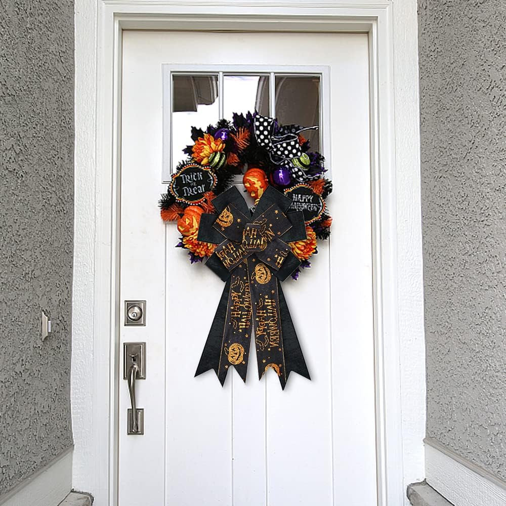 Large Halloween Bows for Wreath, Black Velvet Wreath Bows Halloween Orange Glitter Pimpkin Bat Star Bows for Front Door, Black Burlap Ornament Tree Topper Bows for Halloween Indoor Outdoor Decor