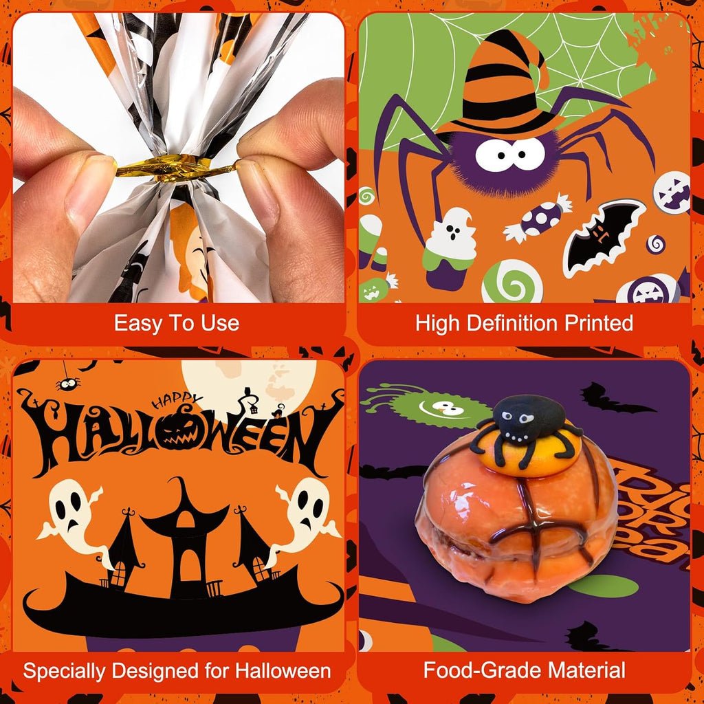 50 Pack Halloween Treat Bags - Plastic Halloween Goodie Bags, Happy Halloweens Candy Bag, Trick or Treat Snack Gift Cellophane Bags with Twist Ties for Kids Hallowen Party Birthday Supplies Favors