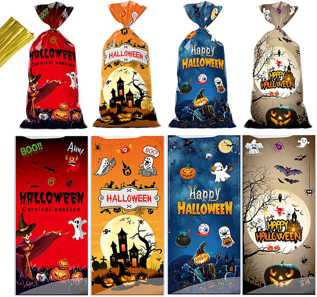 50 PCS Halloween Cellophane Treat Bags - Cookies Goodie Gift Snacks Bags with Twist Ties for Trick or Treat Party Favors