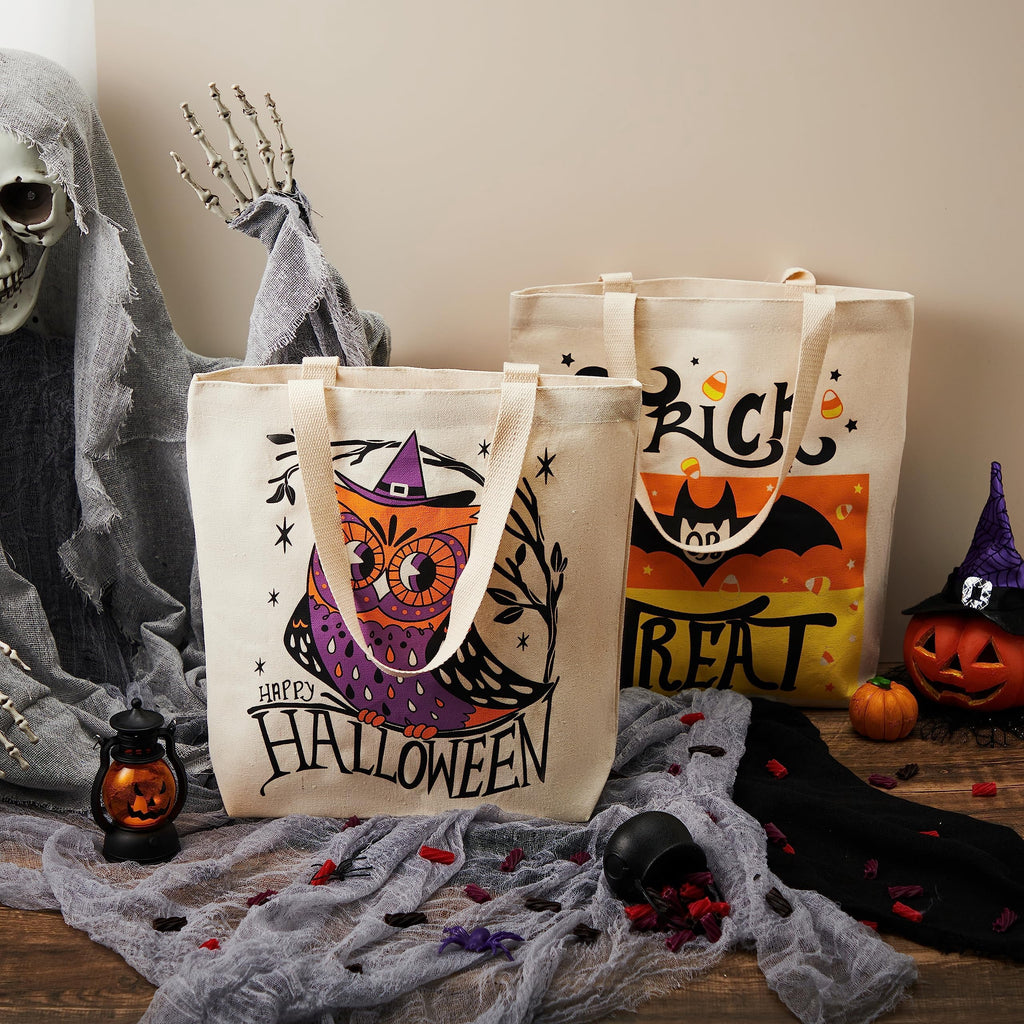 Joyfy 3 Pcs 13.75" Halloween Trick or Treat Bags with Handles, Reusable Canvas Gift Bag for Party Favor Supplies,Halloween Bags for Kids