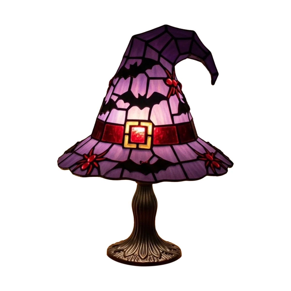 Stained Glass Witch Hat Lamp, Halloween Decoration Pink Purple Ghost Moon Small Tiffany Lamp, Gothic Indoor Halloween Table Decor Night Light - 11 Inch