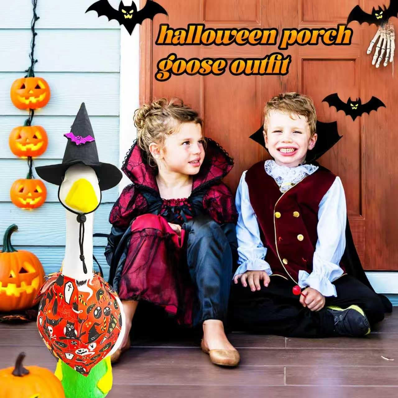 Halloween Porch Goose Outfits for 23"/17" Cement or Plastic Goose Statue,Halloweens Witch Hat and Colorful Scarf，For Halloweens Yard Lawn Outdoor Garden Patio Statue Decoration（Black）