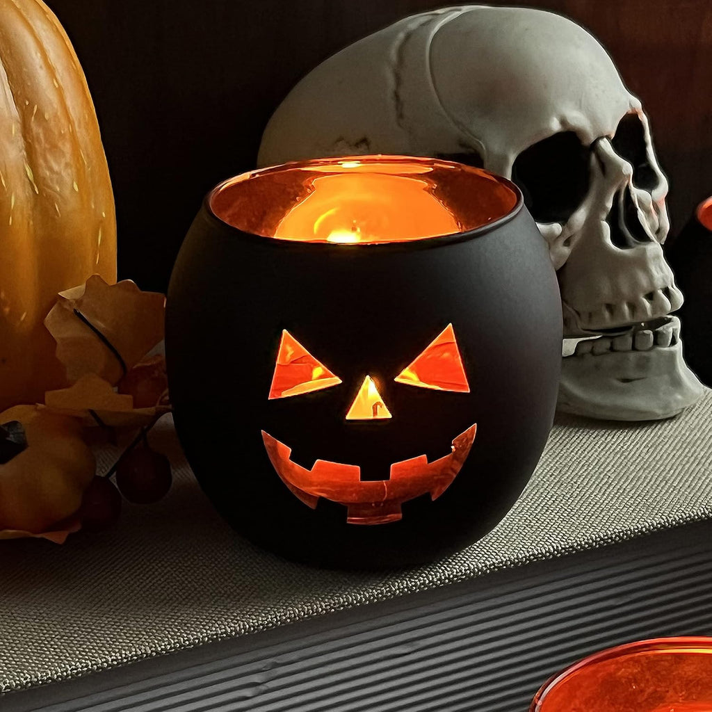Halloween Table Decor Set of 6, Jack O Lanterns Black Glass Votive Tealight Candle Holders, Halloween Decorations Indoor Party Mantel Coffe Table Centerpiece Decor
