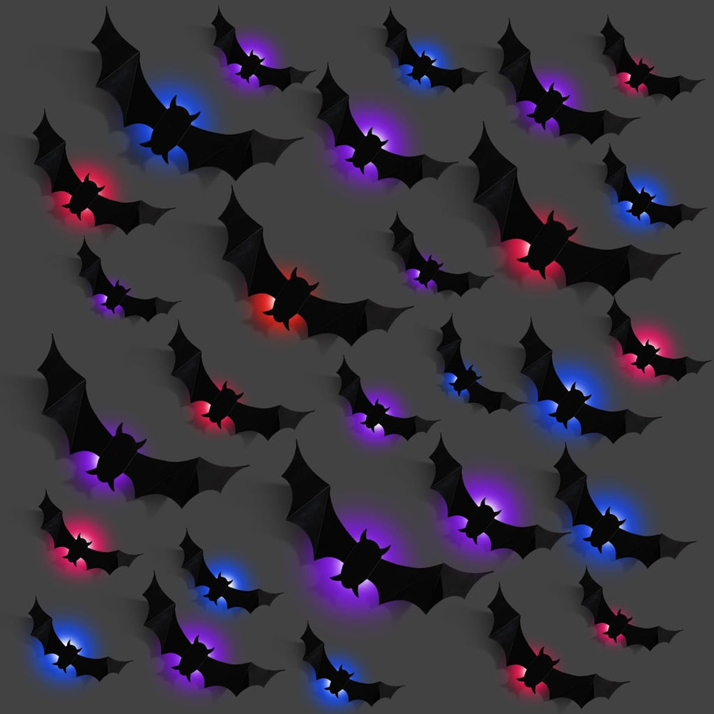 12 Pcs Halloween LED Light up Bats - 3D Halloween Bat Wall Decor Lights 10 Styles Waterproof PVC, for Halloween Party Supplies Outdoor Decor Window Desk Door Decorations, Bue, Red, Purple