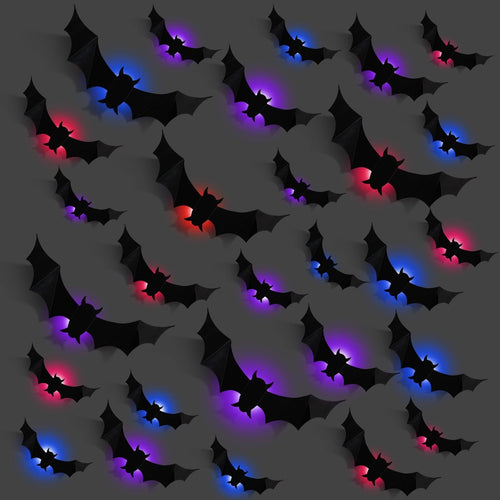 12 Pcs Halloween LED Light up Bats - 3D Halloween Bat Wall Decor Lights 10 Styles Waterproof PVC, for Halloween Party Supplies Outdoor Decor Window Desk Door Decorations, Bue, Red, Purple
