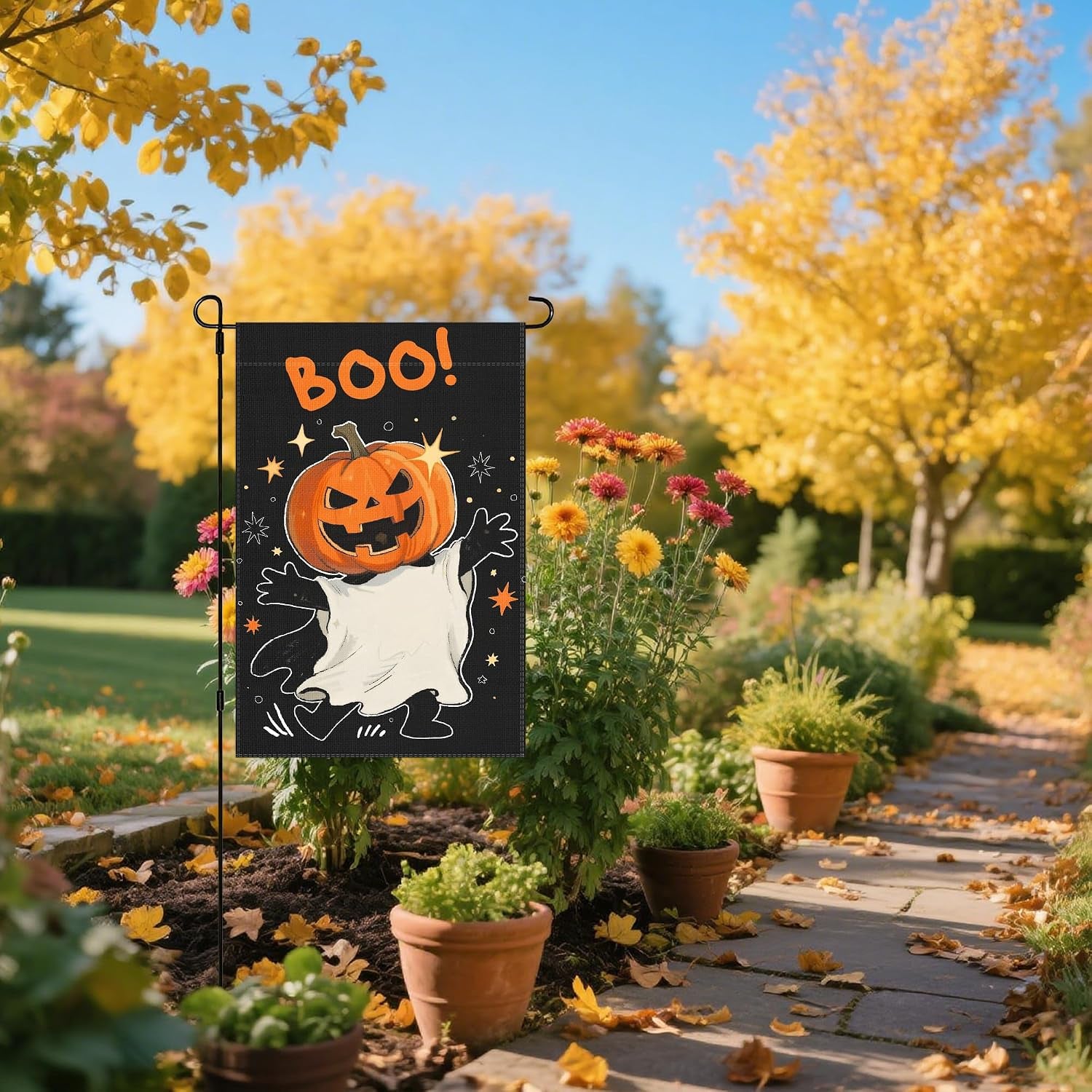 Halloween Pumpkin Ghost Garden Flag -12X18" Spooky Seasonal Holiday Flag