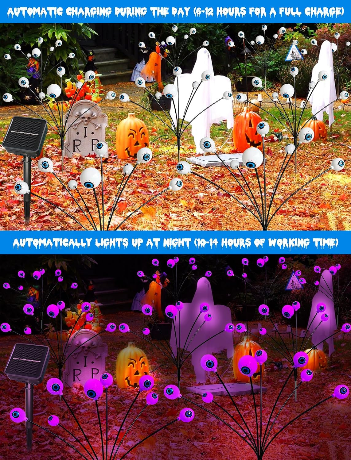 Solar Halloween Lights Outdoor Decorations - 4 Pack 32 LED Solar Eyeball Lights for Yard, Scary Eyeballs Halloween Light for Outside, Pathway, Walkway, Landscape, Garden, Party Decor (Purple)