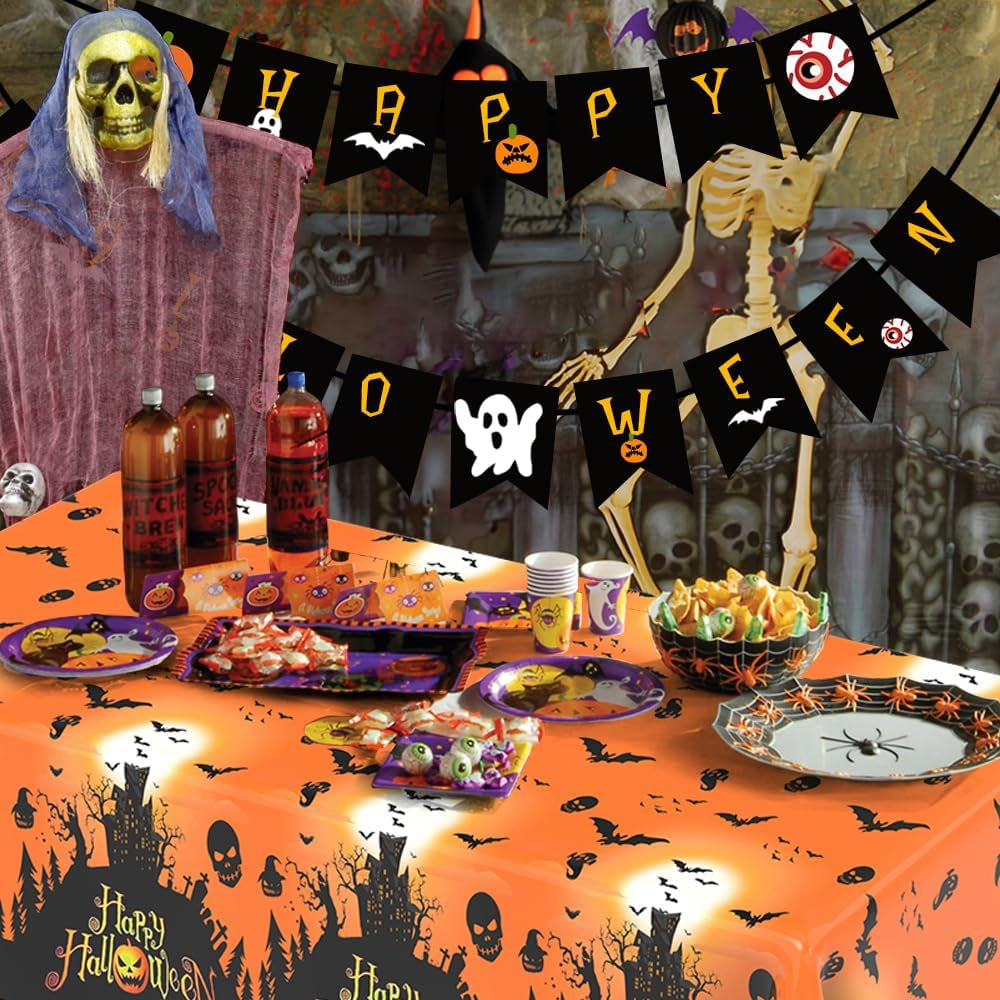 Halloween Tablecloth, Halloween Decorations, 2PCS Disposable Halloweens Plastic Tablecloth Rectangle, 108" X 54" Orange Castle Witches Table Cover Table Decor for Halloweens Party Decorations Supplies