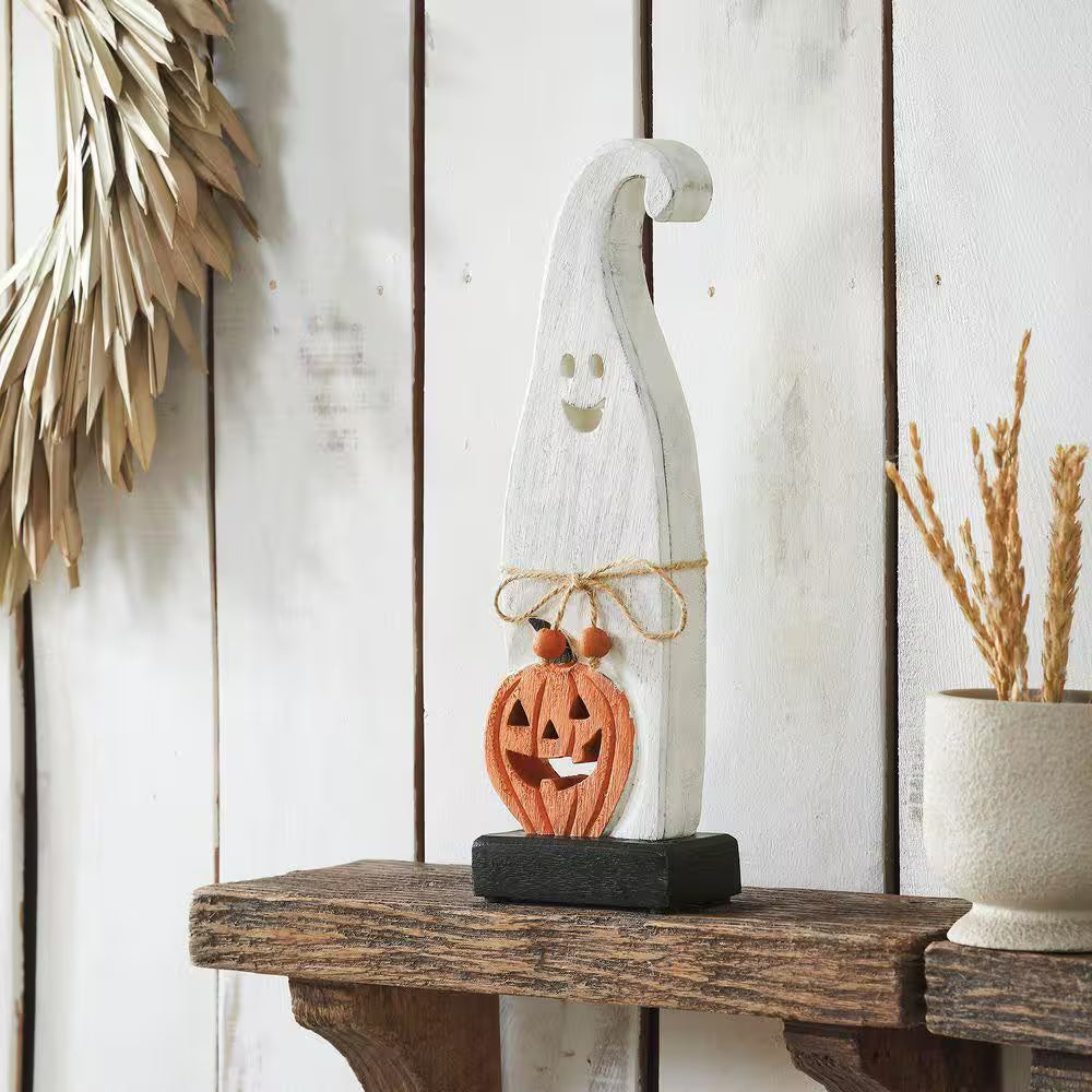 12.5 In. Jack-O-Lantern Ghost Happy Wooden Halloween Table Decor