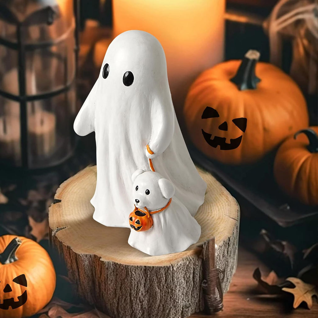 Halloween Ghost Walking Dog Statue, Cute White Ghosts Figurines