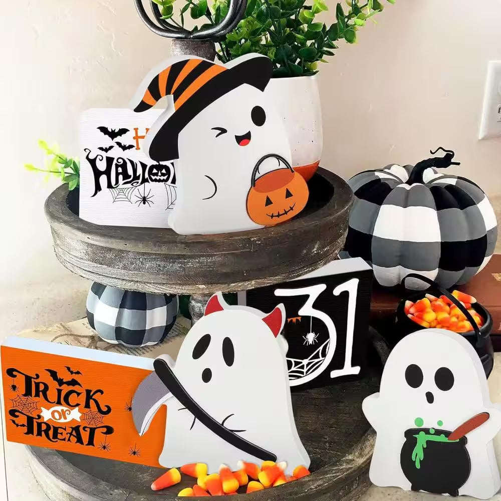 Wooden Tiered Tray Sign Set of 3, Black Cat Bat Witch Broom Pumpkin Blocks for Party Shelf Display