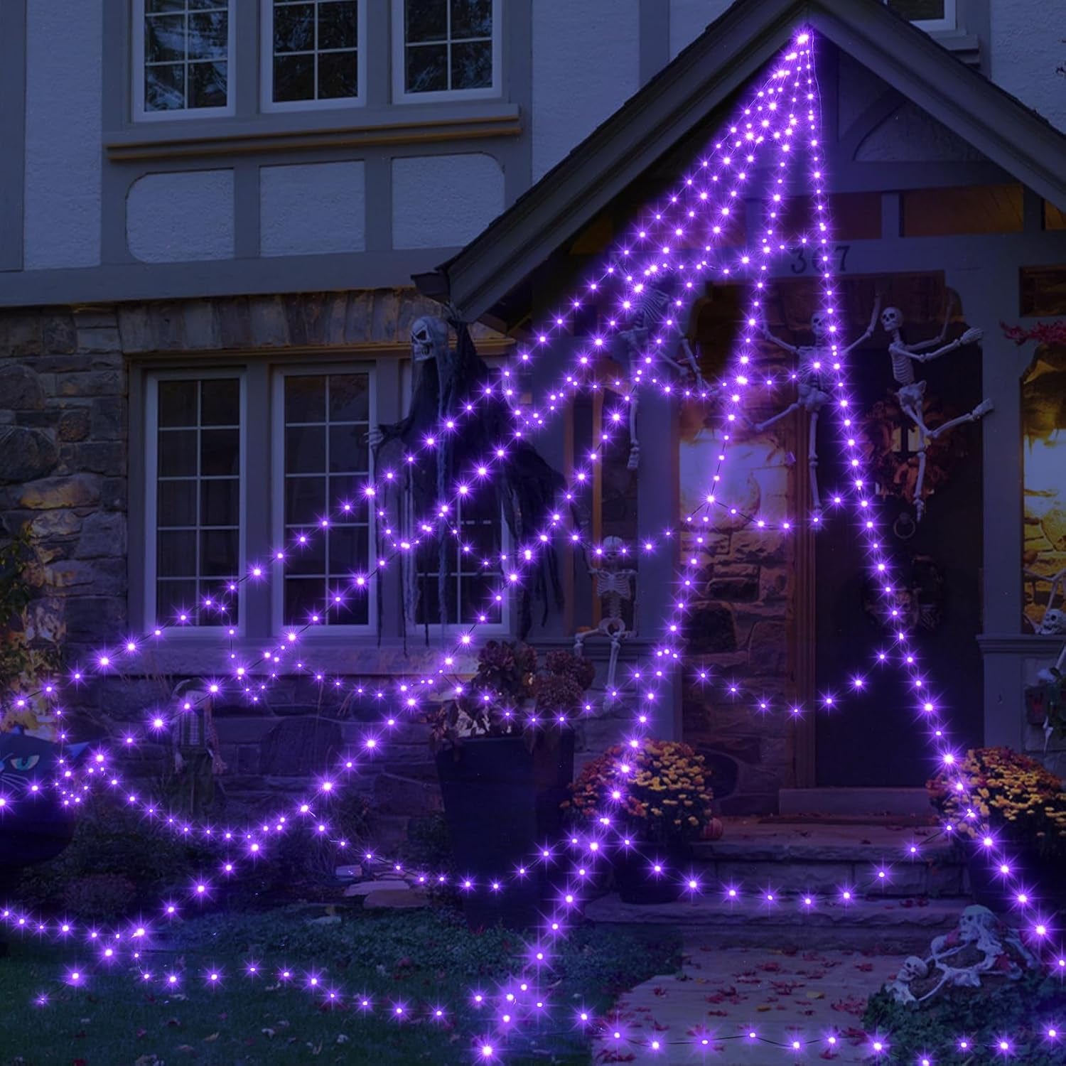 Spider Web Lights for Halloween Decorations Outdoor - 455 Leds, 8 Lighting Modes, 16.4 Ft Light up Giant Spider Web (Purple)