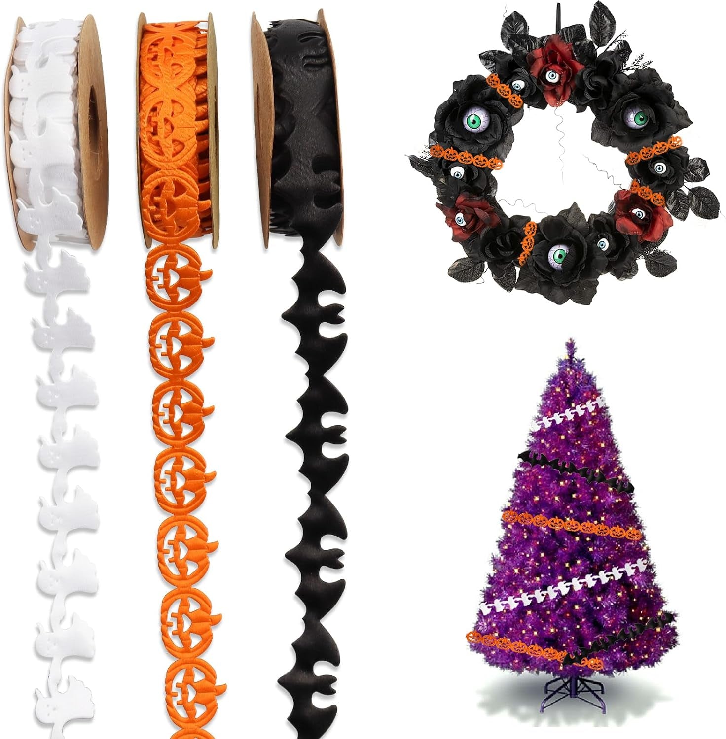 3 Rolls 15 Yards Halloween Ribbons, Black White Orange Halloween Ribbons Pumpkin Bat Ghost Shape Craft Ribbons Trim Embellishment for Gift Wrapping Halloween Party Decoration