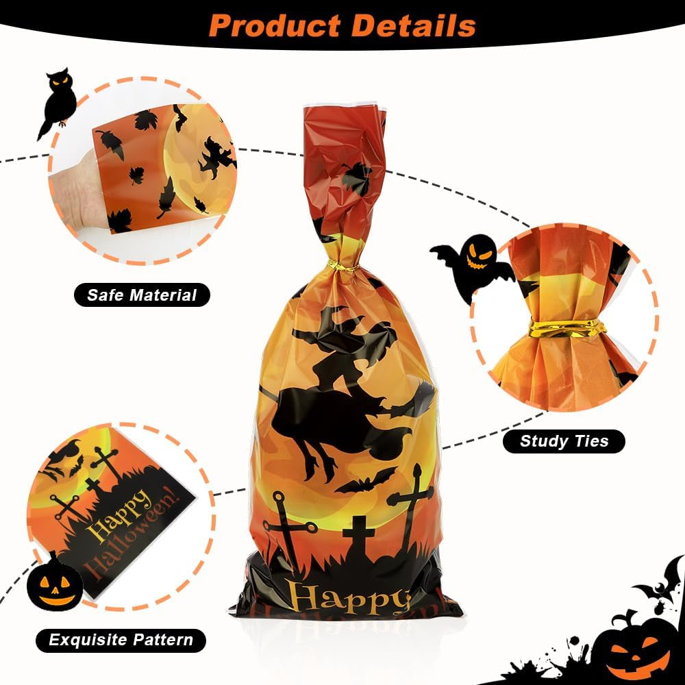 Halloween Treat Bags, Halloween Cellophane Treat Bags, 50 PCS Halloweens Candy Bag, Plastic Cello Cookie Goodies Gift Bag with 50Pcs Ties for Halloweens Trick or Treat Party Favors Supplies, 4 Style