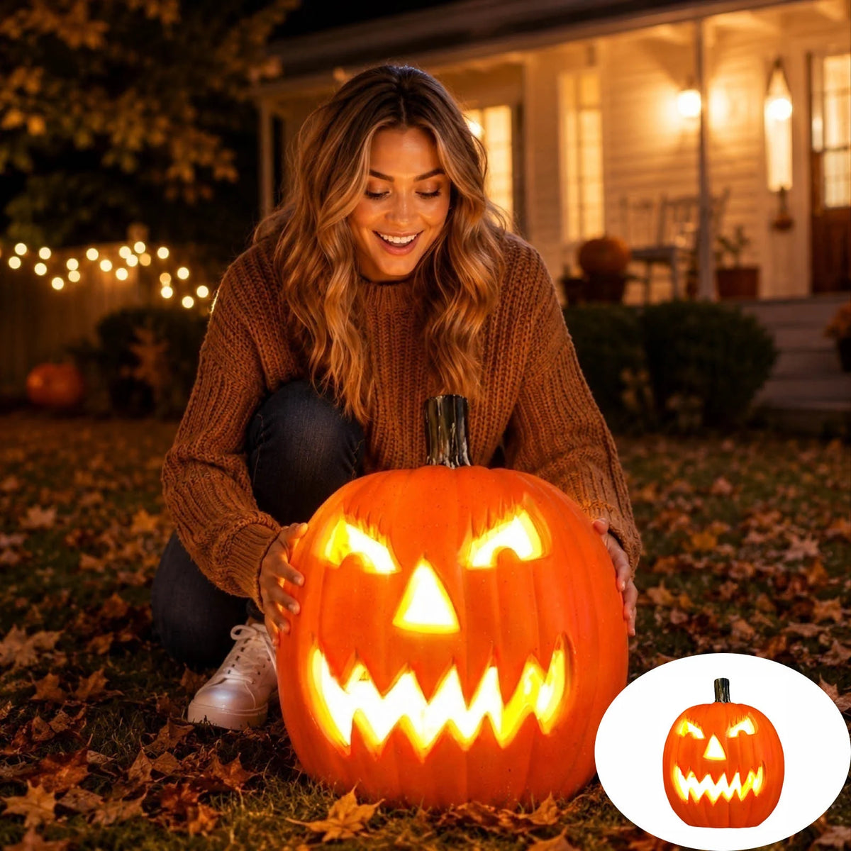 Dengmore 2026 Upgraded 8Inch Warm Light Pumpkin Lantern Scene Layout Halloween Decorations Light up Pumpkin 3D Fall Pumpkin Battery Operated Orange