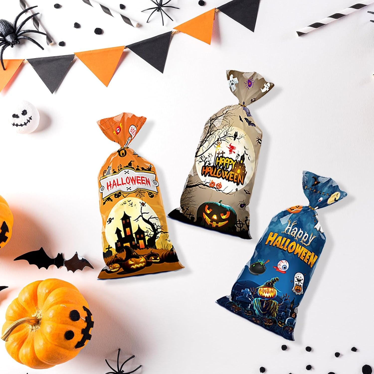 50 PCS Halloween Cellophane Treat Bags - Cookies Goodie Gift Snacks Bags with Twist Ties for Trick or Treat Party Favors
