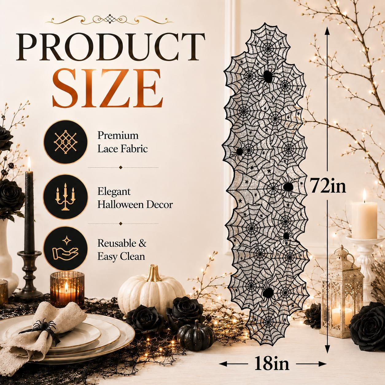 Halloween Decorations - Black Lace Spider Web Table Runner | Halloween Decor Party Favors Supplies for Indoor Outdoor - Halloween Table Centerpiece Decor for Home Office Dining Kitchen, 18 X 72 Inch