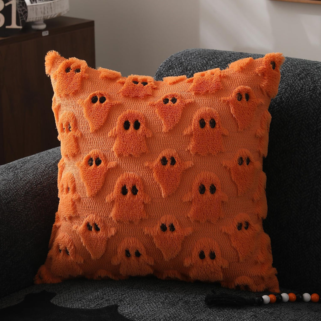 Halloween Pillow Covers 18X18 Inch 2Pcs Orange Ghost Halloween Decor