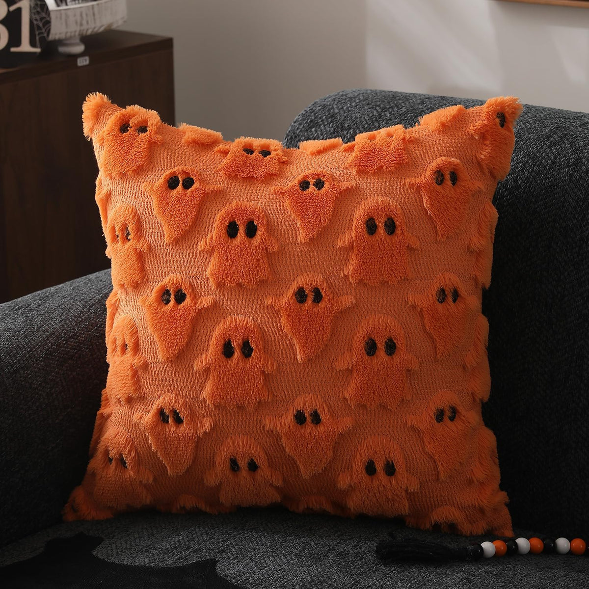 Halloween Pillow Covers 18X18 Inch 2Pcs Orange Ghost Halloween Decor