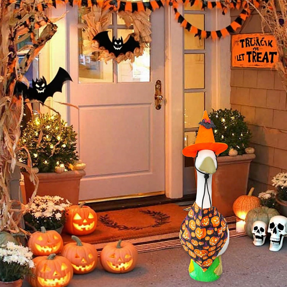 Halloween Porch Goose Outfits for 23"/17" Cement or Plastic Goose Statue,Halloweens Witch Hat and Colorful Scarf，For Halloweens Yard Lawn Outdoor Garden Patio Statue Decoration（Orange）