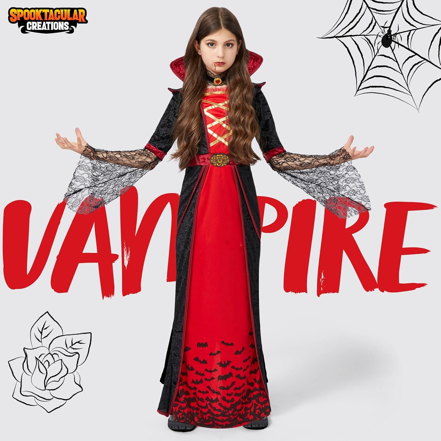 Royal Vampire Costume for Girls, Deluxe Set Halloween Gothic Victorian Vampiress Queen Costume