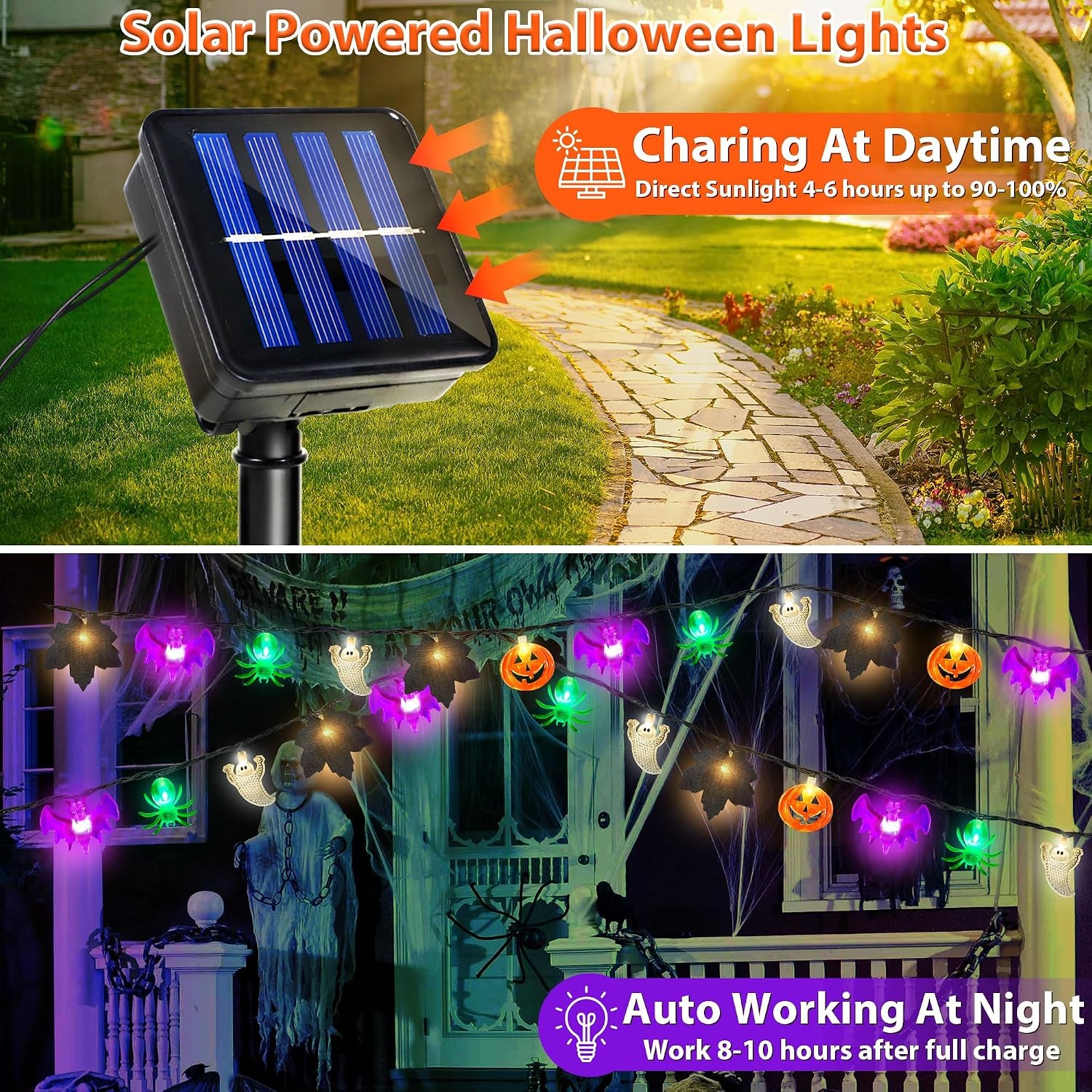Solar Halloween Lights Outdoor 23.3Ft 40Leds Halloween Decorations Lights, 8 Modes Maple Leaf Pumpkin Ghost Spider Bat Light Solar Powered Halloweens String Light Outside