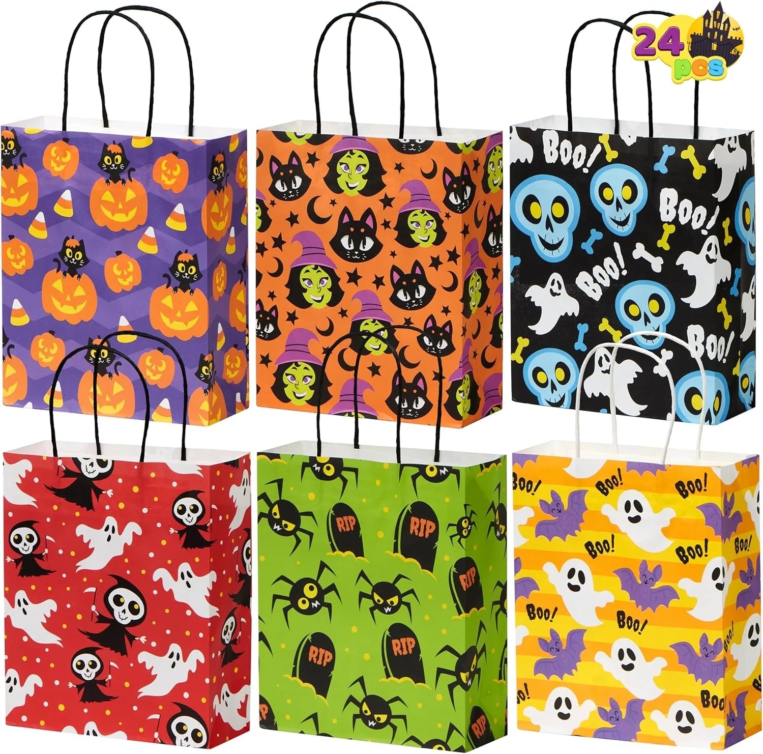 Joyfy 24 Pcs Halloween Goodie Bags with Handles, Paper Trick or Treating Gift Bag Bulk in 6 Designs for Halloween Treat Party Favor , Halloween Colored Candy Bags for Party Supplies
