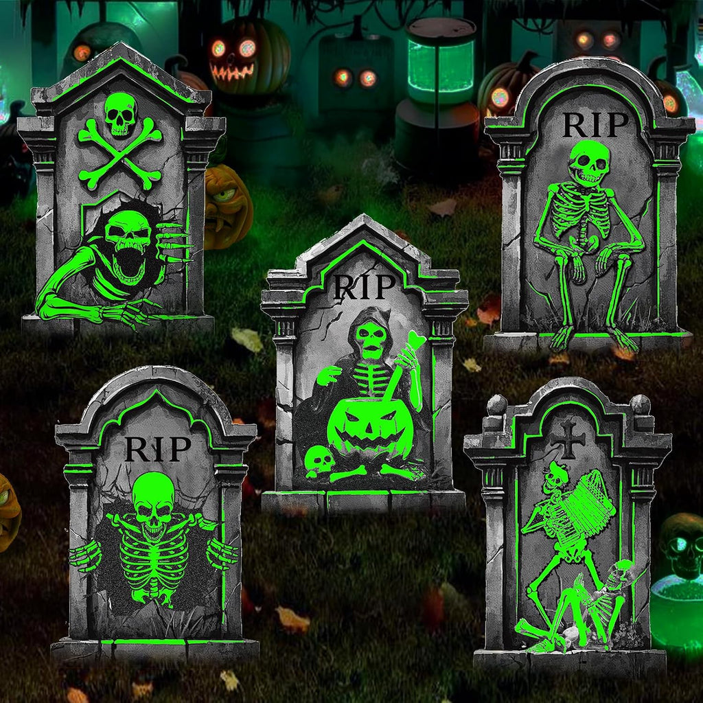 25.2In Halloween Tombstones Outdoor Decor Glow in the Dark - 5PCS Tombstones for Graves Halloween Gravestones Decorations, Spooky Halloweens Decorations Yard Signs for Graveyard Haunted House